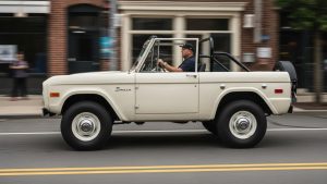 White Vintage Ford Bronco Restomod Driving on City Street - Ride Legal Side view of a restored white classic first-generation Ford Bronco driving on a city street with an open top and black roll cage.