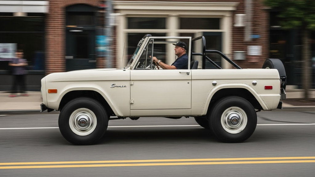 Side view of a restored white classic first-generation Ford Bronco driving on a city street with an open top and black roll cage.