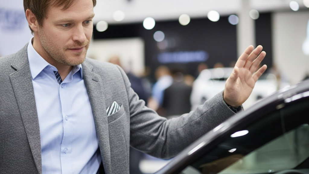 A man in a gray blazer closely inspecting the exterior finish of a black luxury car at a modern vehicle dealership or auto show.