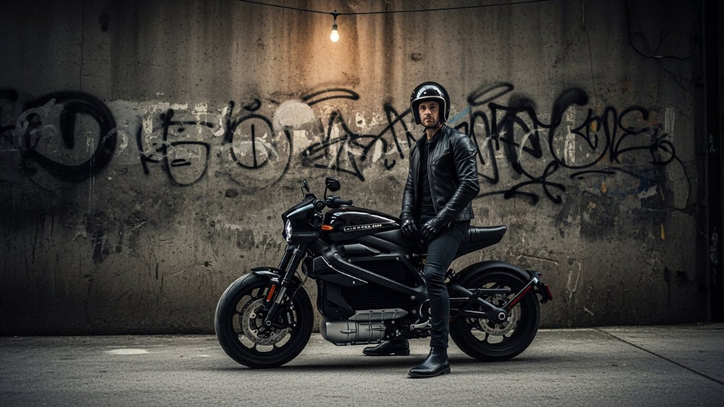 Man in leather jacket sitting on a black electric motorcycle (LiveWire) in an urban setting with graffiti, representing specialty vehicle ownership.