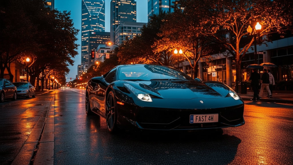 A sleek black Ferrari parked on a wet city street at night with glowing city lights and skyscrapers in the background.