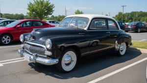 intage Black and White 1950 Buick Sedan - Ride Legal Black 1950s Buick Super sedan with a white roof and iconic chrome "bucktooth" waterfall grill parked in an outdoor lot.
