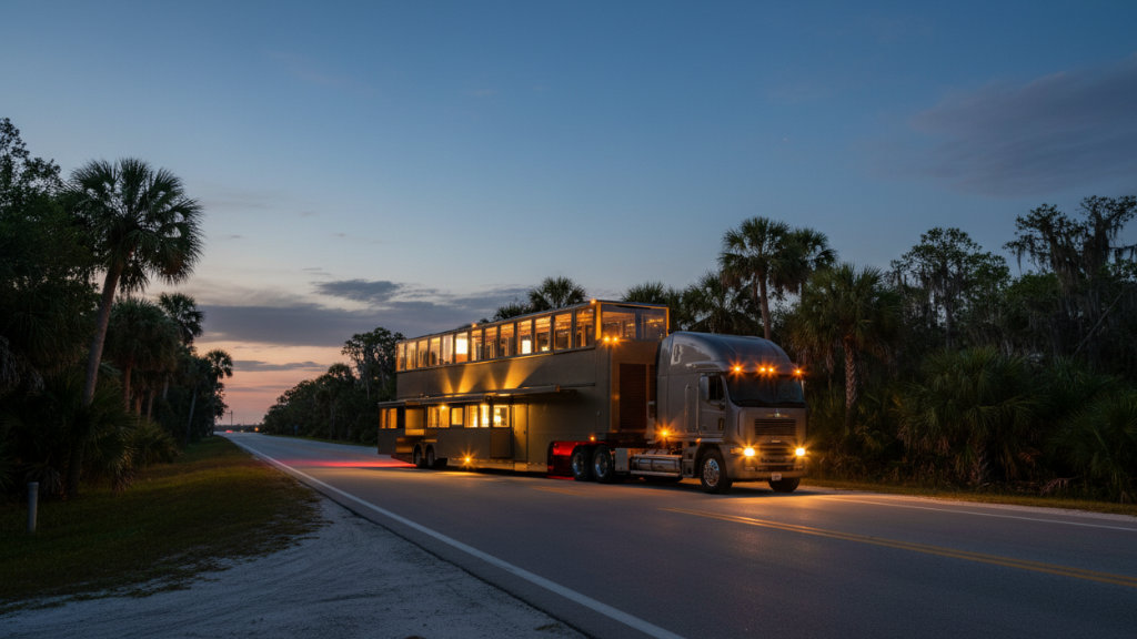Will Smith's two-story luxury celebrity RV, "The Heat," illuminated and driving on a dark highway at sunset.