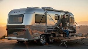 Luxury travel trailer at sunset overlook - Ride Legal A couple enjoying a luxury RV lifestyle, relaxing with mugs on a portable deck next to a polished aluminum travel trailer, overlooking a scenic coastal sunset