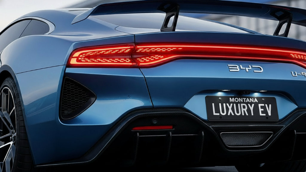 Close-up rear view of a blue BYD Yangwang U9 electric supercar, showing illuminated tail lights and a large rear wing. The vehicle features a Montana license plate reading "LUXURY EV," illustrating the out-of-state registration strategy for high-value electric assets.