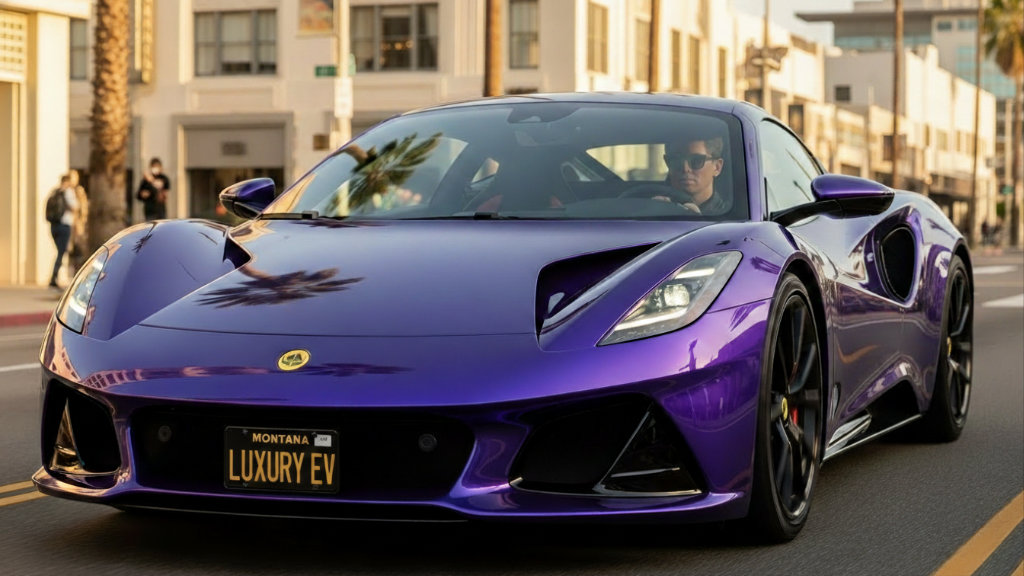 A dark luxury Rolls-Royce sedan driving through a wet city street at night, with neon signs reflecting off the road surface. The front license plate reads "GEORGIA LUXRY EV," highlighting state-level registration for high-end electric vehicles.