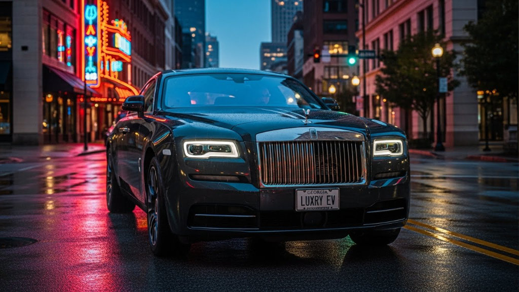 A vibrant purple exotic sports car driving on a sunny, palm-lined street. The driver is visible, and the front of the car displays a Montana license plate that reads "LUXURY EV," demonstrating a common registration solution for exotic car collectors.
