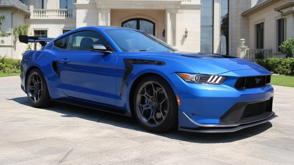 A high-performance blue Ford Mustang GTD parked on a stone driveway in front of a luxury limestone mansion.