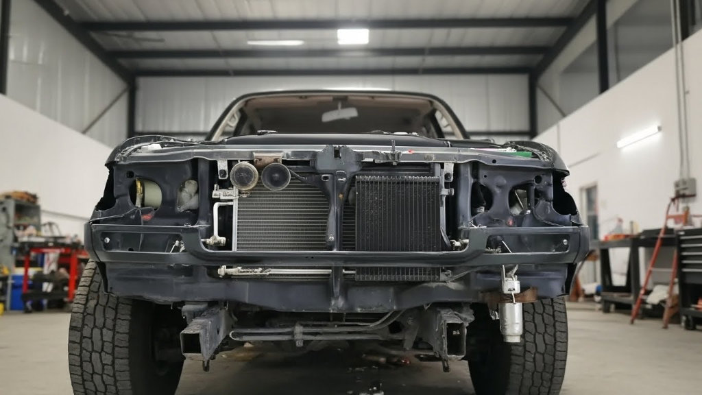 A Toyota Land Cruiser in an auto shop with the front grille and bumper removed, exposing the radiator and frame during a comprehensive restoration process.
