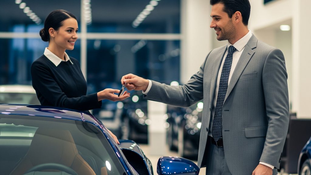 A couple exchanges keys by a luxury car, highlighting Ride Legal’s expert vehicle registration and Montana LLC services for high-end vehicles.