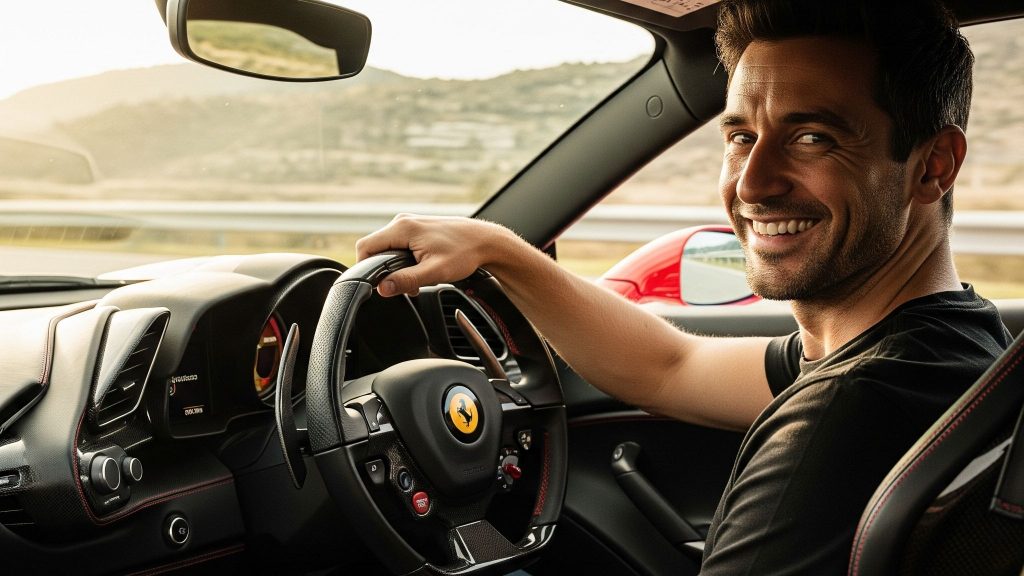 A happy man with a broad smile sits in the driver's seat of a luxurious Ferrari, his hand resting on the steering wheel, ready for the open road.
